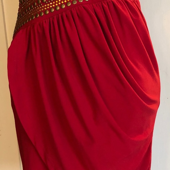 Red one shoulder mini dress with gold detailing - Picture 3 of 6